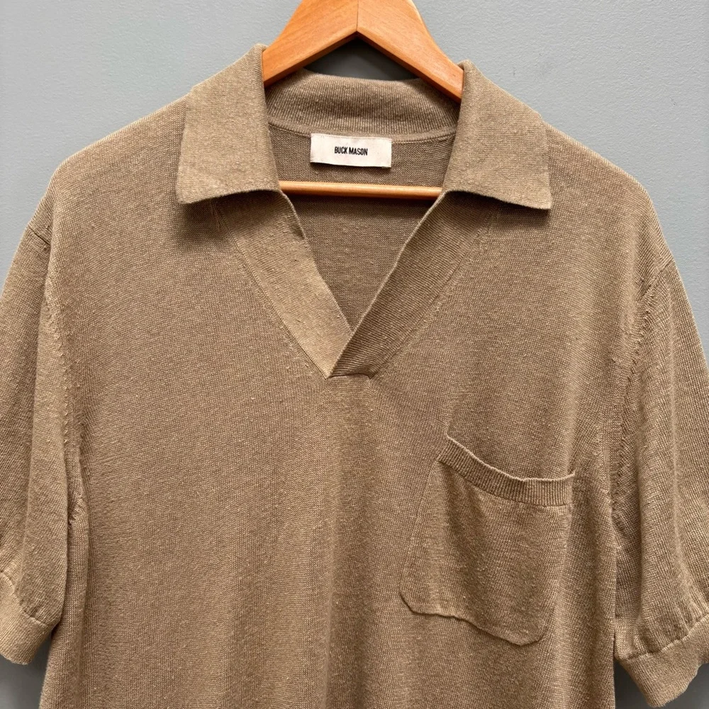 SOLD! Buck Mason Italian Slub Linen Knit Patch Pocket Polo Short Sleeves L - Picture 4 of 9